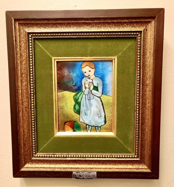 Pablo Picasso  "Child With A Dove" Enamel Painting Silver Brass Excellent Cond