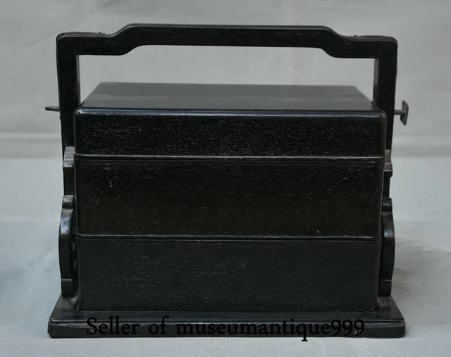 10" Rare Old Black Ebony Wood Carved Dynasty 2 layer Portable Food Box Vessel