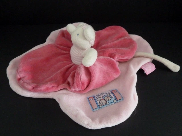 L4. DOUDOU PLAT MOULIN ROTY SOURIS LILA PATACHON rose rayé blanc fleur - TBE