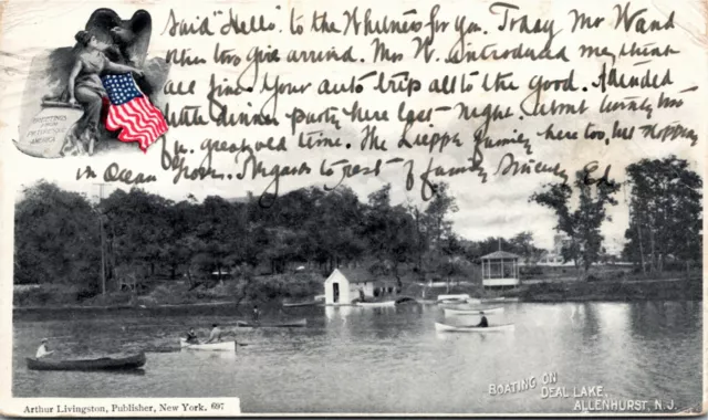 Postcard NJ Allenhurst People on Canoes on Deal Lake Boat House Gazebo 1905 F12