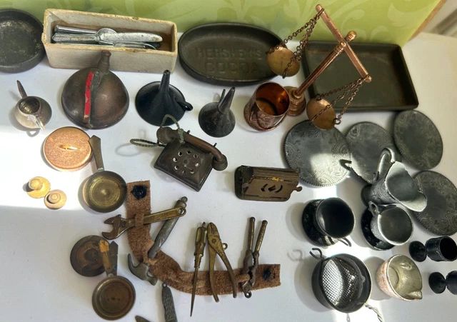 vtg Doll house KITCHEN LOT antique toaster telephone tool belt pot pan scale jar