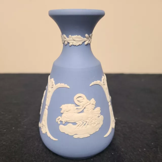 Wedgwood Jasperware 1965 Cameo Bud Vase 5 Inch Blue Pegasus Maidens