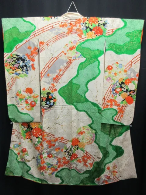 7884M1 Silk Vintage Japanese Kimono Furisode Peony Plum blossom Tall