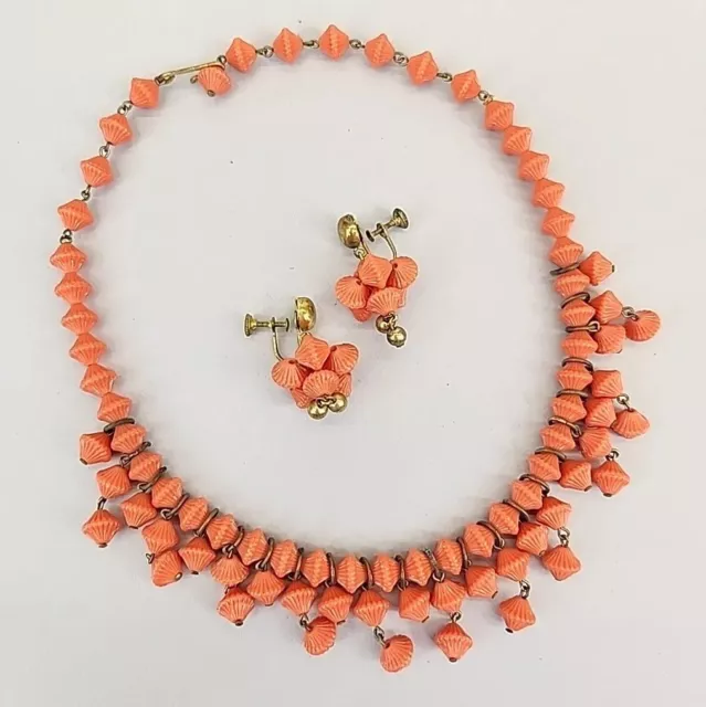 Vtg Necklace Screwback Earrings Set Vtg 1930s Coral Acrylic Bicone Gold Tone 17"