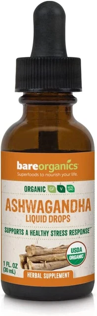 Gotas líquidas de raíz de ashwagandha BareOrganics, suplemento herbal, estrés orgánico