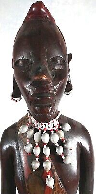 African Man Hand Carved Wooden Statue Kenya Brown Tribal Spear Hunter Vintage