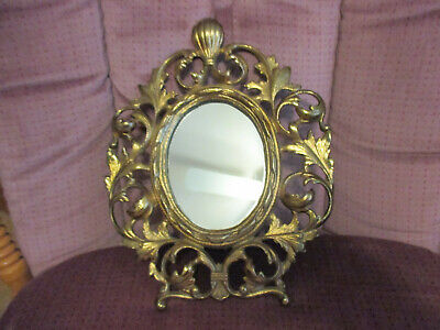 Vintage Oval Gilt Cast Iron Tabletop Mirror/Photo Frame  H 11" x W 81/2"  w Leg