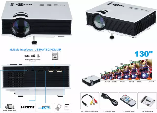 Proiettore TV 130" Videoproiettore Full HD home cinema VGA USB SD AV HDmi hsb