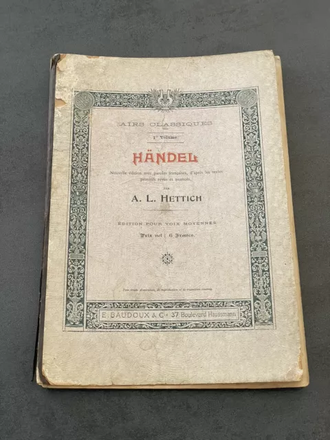 Livre Livret Partition Musique ancien Handel Airs Classiques 1er Volume