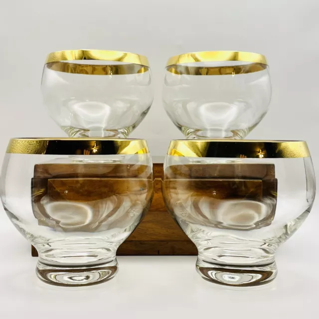 Set of 4 VTG MCM Gold Rimmed Whiskey Glasses Double Old Fashioned Roly Poly 16oz