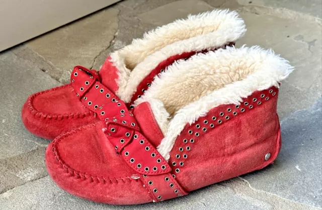 UGG Poler Alena Lipstick Red Suede Fur Slippers Womens Size 9