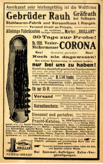 Gebrüder Rauh, Gräfrath bei Solingen Taschenmesser Corona Histor. Annonce v.1909