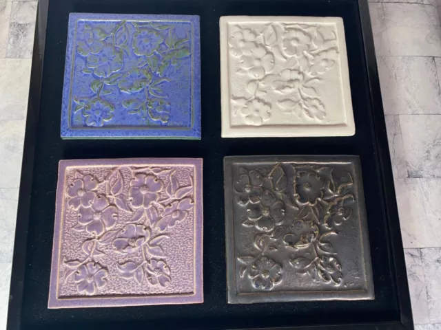Fulper Pottery Set of 4 Dogwood Flowers Framed Tile Trivet Signed Boureau