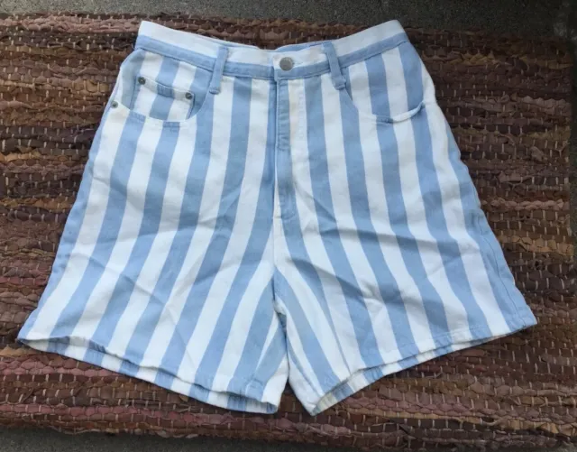 Y2K Vintage 90s Bold Stripe High Waist Denim Mom Shorts Blue White Women’s 13