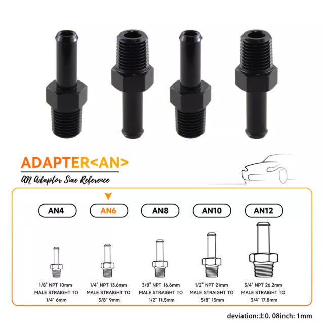 4PCS Aluminum AN6 1/4'' NPT Male to 3/8" Hose Barb Straight Adapter Fitting BK