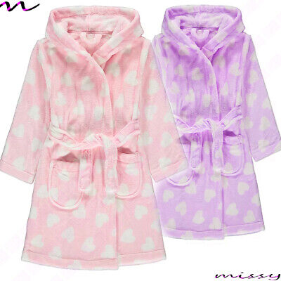 Girls Heart Print Dressing Gown New Fleece Hooded Pastel Robe Ages 2 - 16 Years