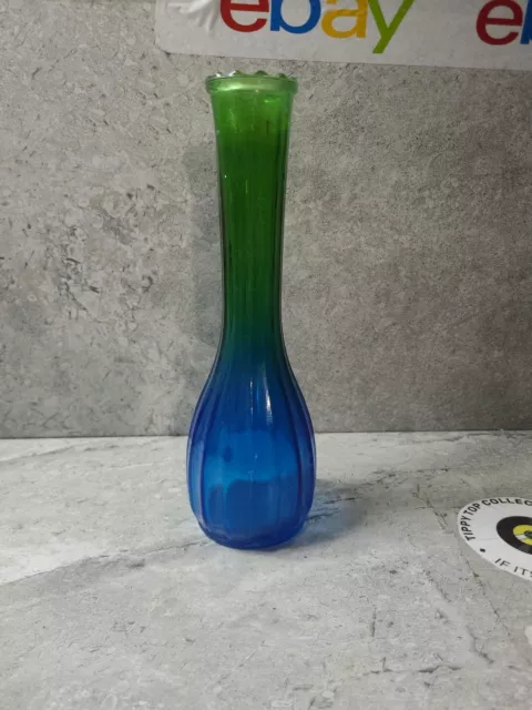 Vintage 1950's Jeanette Glass Ribbed Bud Vase Green Blue Ombre 8.75” Tall