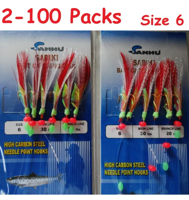 SABIKI BAIT RIGS 6 Gold Hooks With Red Feather Size: 2, 4, 6, 8,10