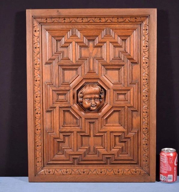 *French Antique Architectural Panel in Solid Oak Wood with Cherub Carving