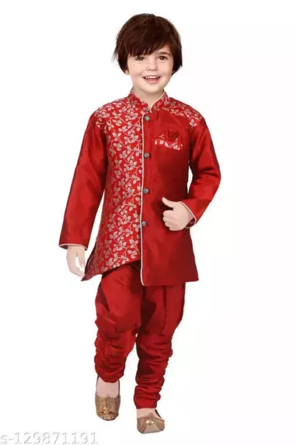 Indian Traditional Wear  Boys Cotton Bland Regular Kurta Sets (Red Pack of 1)