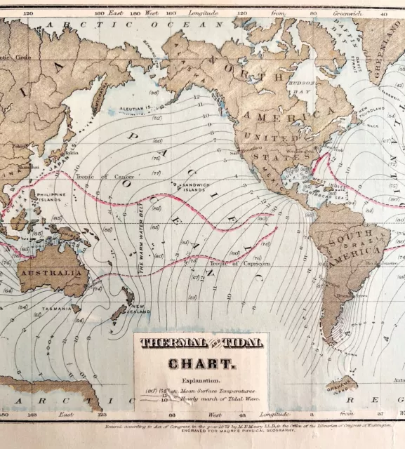 Map Of The World 1884 Thermal Tidal Chart Victorian Lithograph Antique DWP3D