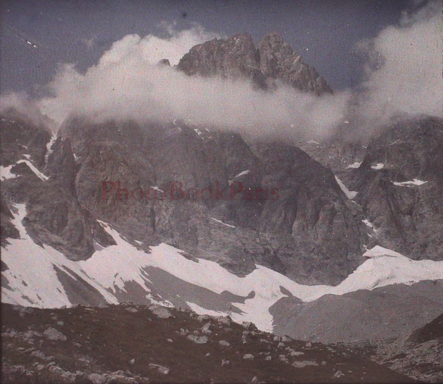 FRANCE Snow Mountain Summit c1920 Photo Autochrome Vintage Plate