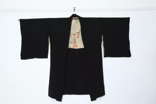 Japanese kimono Haori Black Silk embroidered floral urushi 1950's