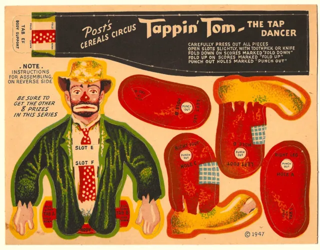 1947 CIRCUS Pop OUT Post Cereal Card CIRCUS TOYS F278-53 Tappin Tom HOBO CLOWN