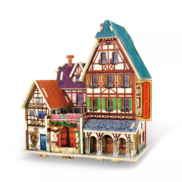 3D Wooden Puzzle French Inn Jigsaw Game Kids Toy Gift DIY Family Building Kits