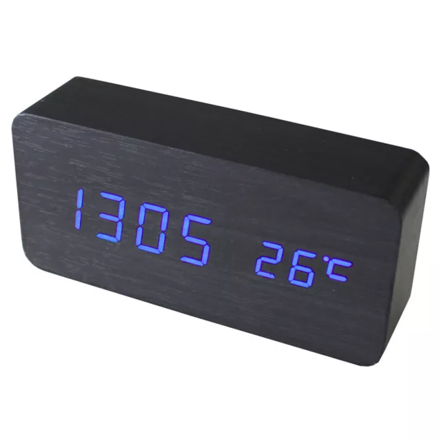 TODO Blue Led Wooden 3 Alarm Clock + Temperature Display Usb/Battery Wood Bla...