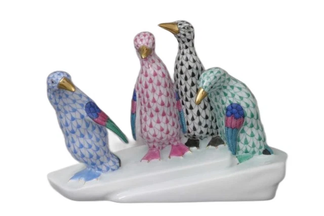 Herend Penguins On Ice Blue, Pink, Green & Black Fishnet #Vhz-3-05175 Brand Nib