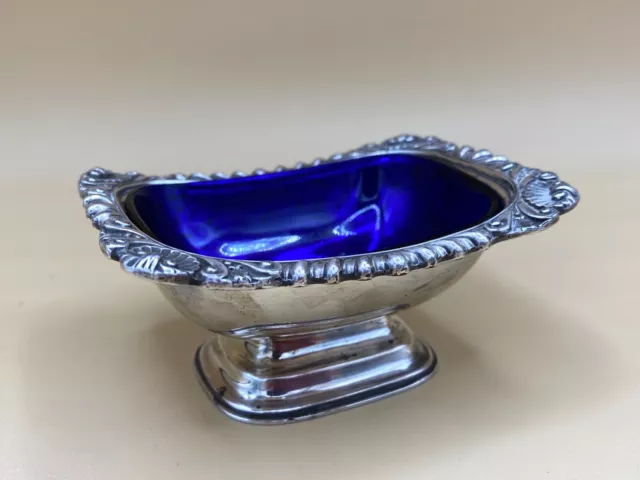 Mustard Salt Pot Blue Glass Liner Unmarked Electro Plate 4" Gadrooned Edge