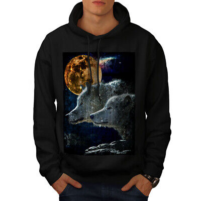 Wellcoda Wolf Couple Moon Animal Mens Hoodie, Wild Casual Hooded Sweatshirt