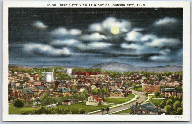 Postcard TN Birds Eye Aerial View Night Full Moon Johnson City Tennessee