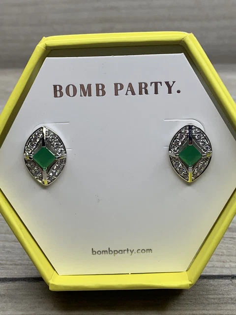 Bomb Party Earrings. Green Jade. Rhodium Plated. Lab-Created. K468
