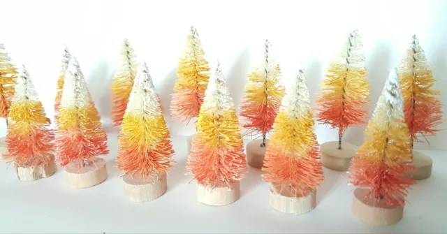 Lot of 12 Mini CANDY CORN HALLOWEEN Miniature Sisal Bottle Brush Trees Decor