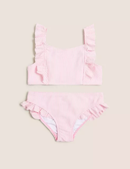 M&S Girls 2 Piece Swimsuit Age 10-11 Pink Striped Seersucker Frilled BNWT