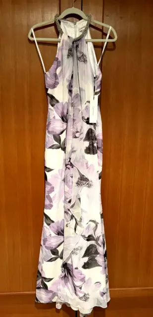 NWT Calvin Klein Women's Halter Neck Gown Draped Front Beading Size 4 Floral