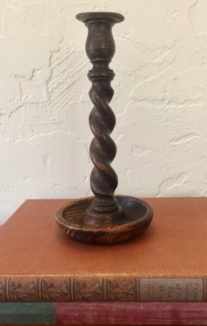 ANTIQUE ENGLISH OAK BARLEY TWIST CANDLEHOLDER CANDLESTICK BRASS LATE 1800s 10.25