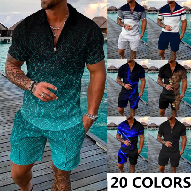 Men Short Sleeve Shorts 2 Piece Sets Casual Beach Suit T-Shirt+Short Pant Outfit