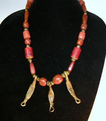 African Trade Bead Necklace w Idar Oberstein Faceted Carnelian & Ashanti Brass