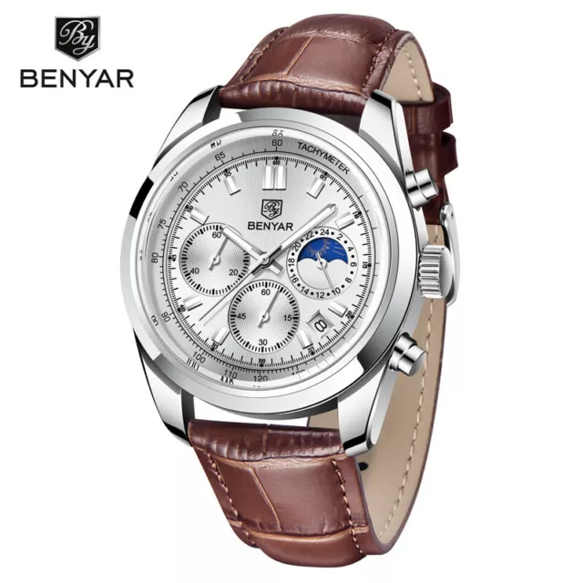 Benyar Men's Quartz Wrist Watch Leather Band 50m Waterproof Date Chronograph