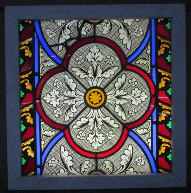 Victorian English Leaded Stained Glass Window Handpainted Floral 22 3/4 X 23 1/4