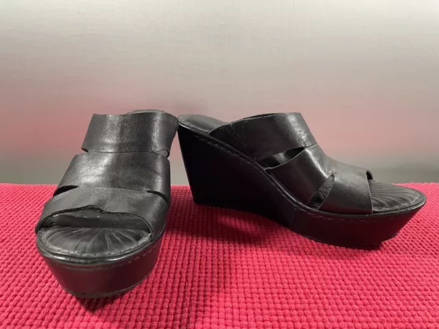 Born Sandals Size 10 Black Leather Slide-On High Wedge Heel Excellent Condition