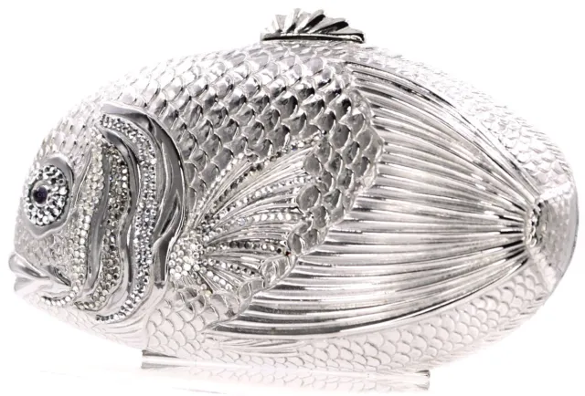 Judith Leiber Fish Minaudière Evening Bag Silver Crystal Vintage gyuhji