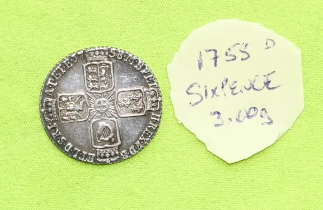 1758/7 Silver SIXPENCE Coin GEORGE II (1727 - 1760) 3.00grams ESC1624 (d)
