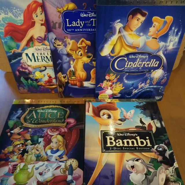 5 DVD Lot Cinderella Alice in Wonderland Bambi Little Mermaid Lady and the Tramp
