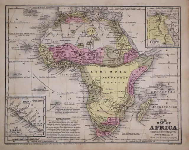 Old 1849 Authentic Mitchell Atlas Map ~ AFRICA ~ Free S&H