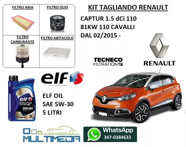 Kit Tagliando Filtri Olio Originale Elf 5W-30 Renault Captur 1.5 Dci 110Cv 81Kw