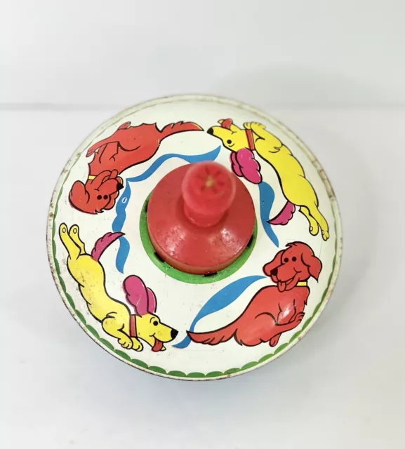 Vintage Small Spinning Top Tin Litho Dogs Red Yellow Blue W. Wood Knob